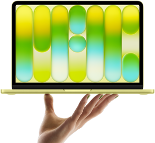 Das MacBook Neo in Farbe Zitrus wird auf den Fingerspitzen einer geöffneten Hand balanciert, das Display zeigt ein farbiges, abstraktes Muster