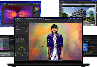 Verschiedene bunte Inhalte auf dem Display aus Apps für Musikproduktion, Grafikdesign, 3D Animation und Fotobearbeitung auf dem Mac, die eine leistungsstarke Grafikperformance demonstrieren