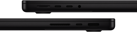 Die Anschlüsse des MacBook Pro werden gezeigt – linke Seite: MagSafe 3, zwei Thunderbolt Anschlüsse und Kopfhöreranschluss – rechte Seite: SDXC Kartensteckplatz, ein Thunderbolt Anschluss und HDMI